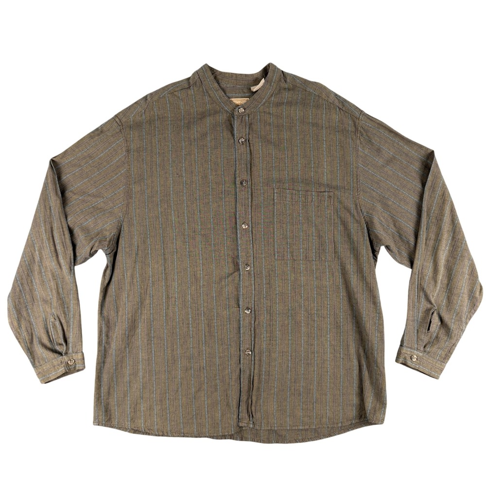 Wah Maker Shirt Mens XL Brown Striped‎ Banded Collar Frontier L/S Button Down
